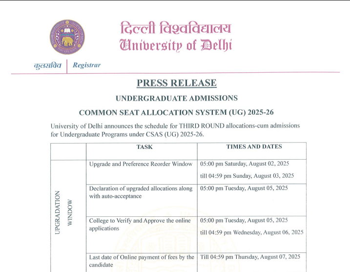 DU UG Admission 2025: CSAS Round 3 Upgraded Seat Allotment List Out Today, Steps to Check Here